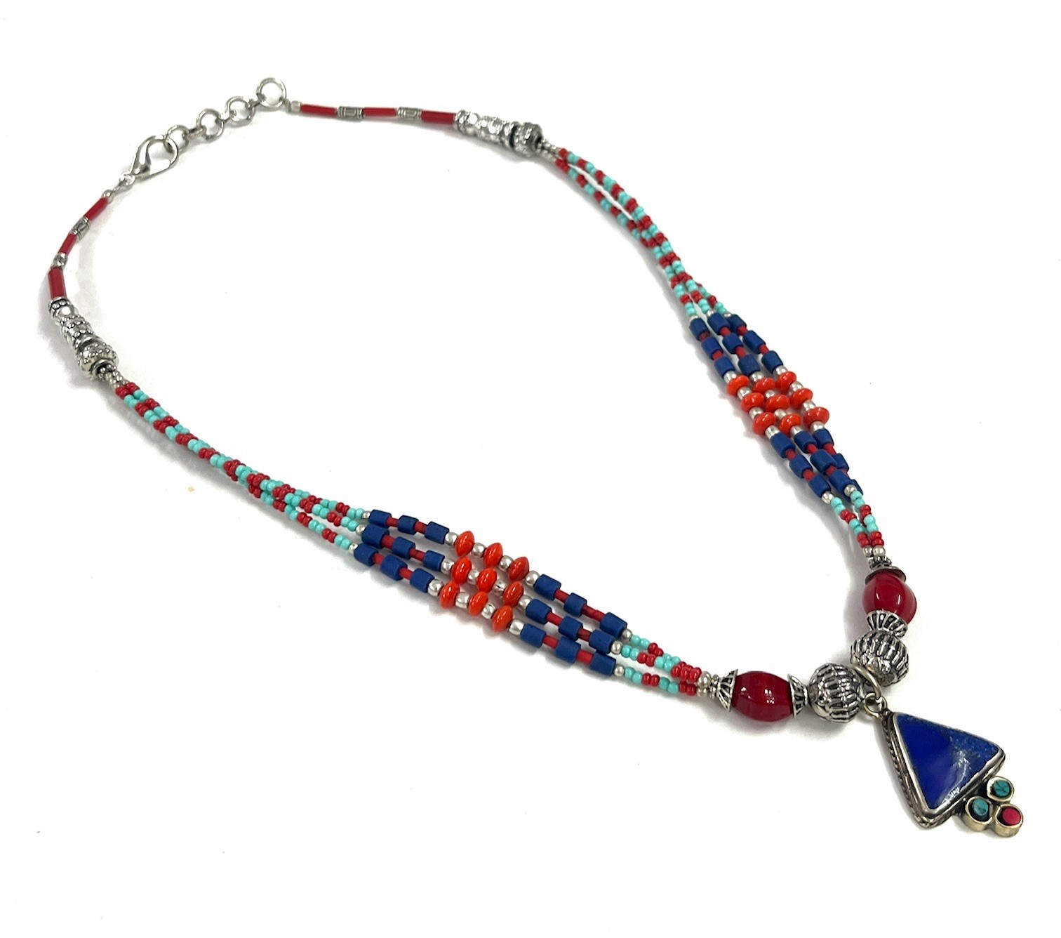 Antique Lapis Red Coral Gemstone Tibetan Bohemian Necklace Jewelry, 18 inch Adju