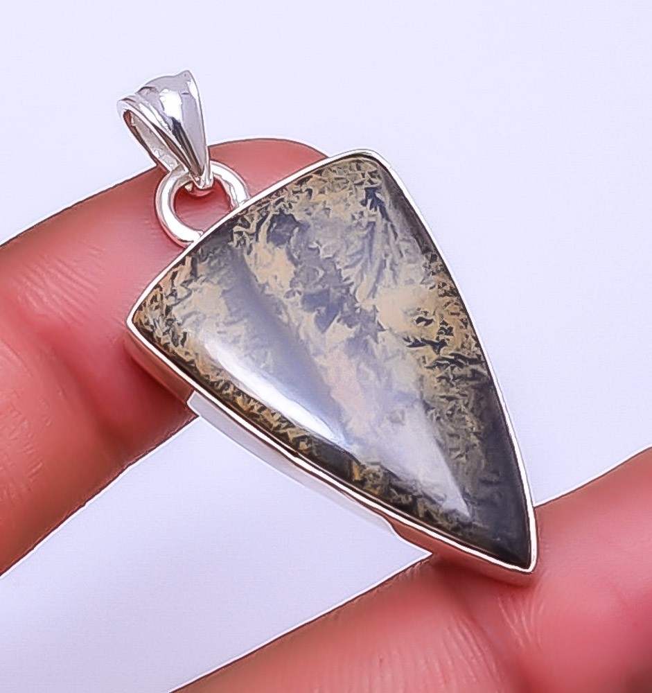 Honey Dendritic Opal – Mexico Gemstone 925 Sterling Silver Pendant 1.83″ P42