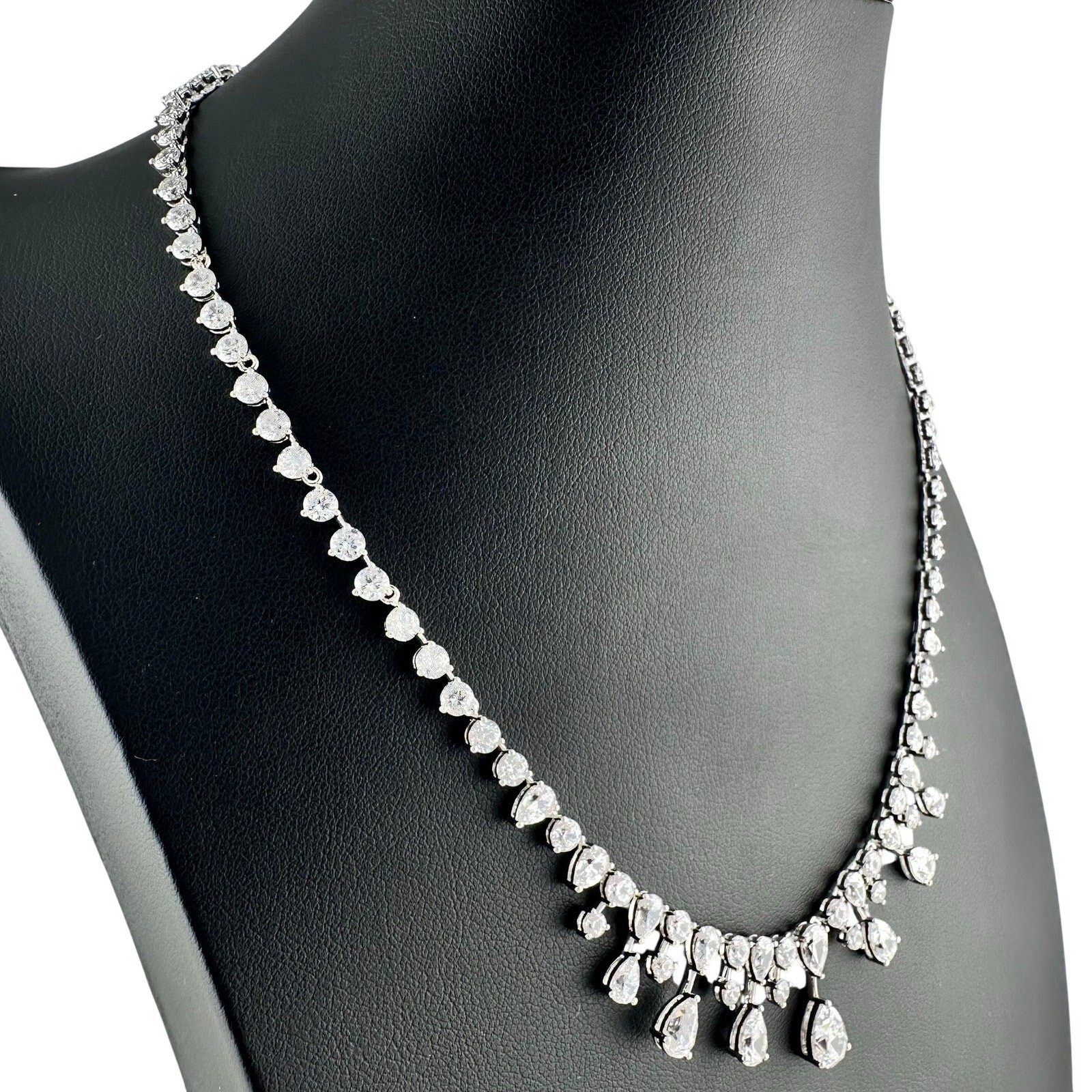 Bridal Style CZ Teardrop Cubic Zirconia Rhodium Plated Silver Tone 17″ Necklace