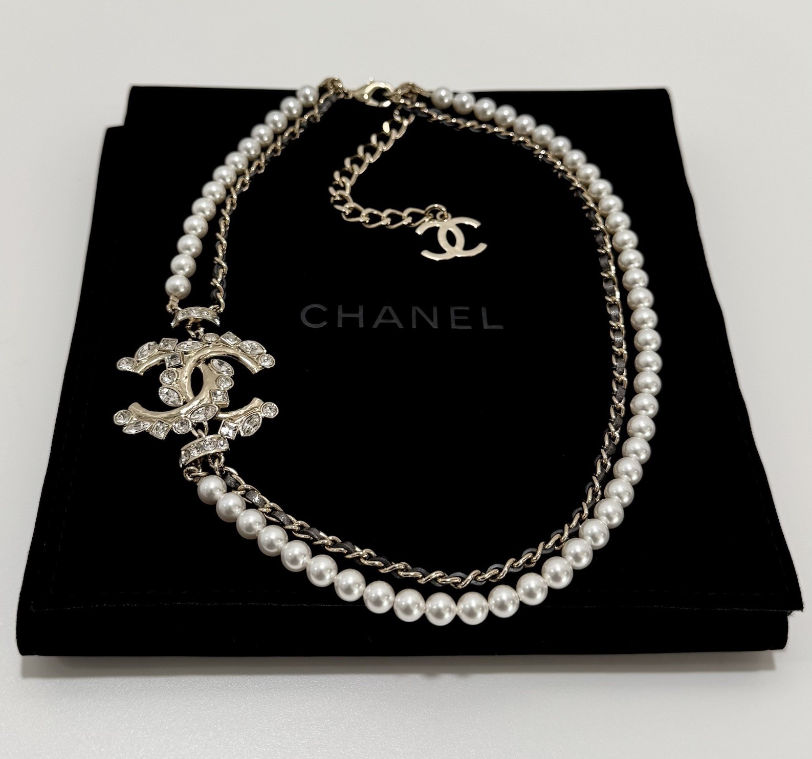 Chanel Pearl Crystal CC Necklace Bronze Leather 23P Adjustable Light Gold Chain