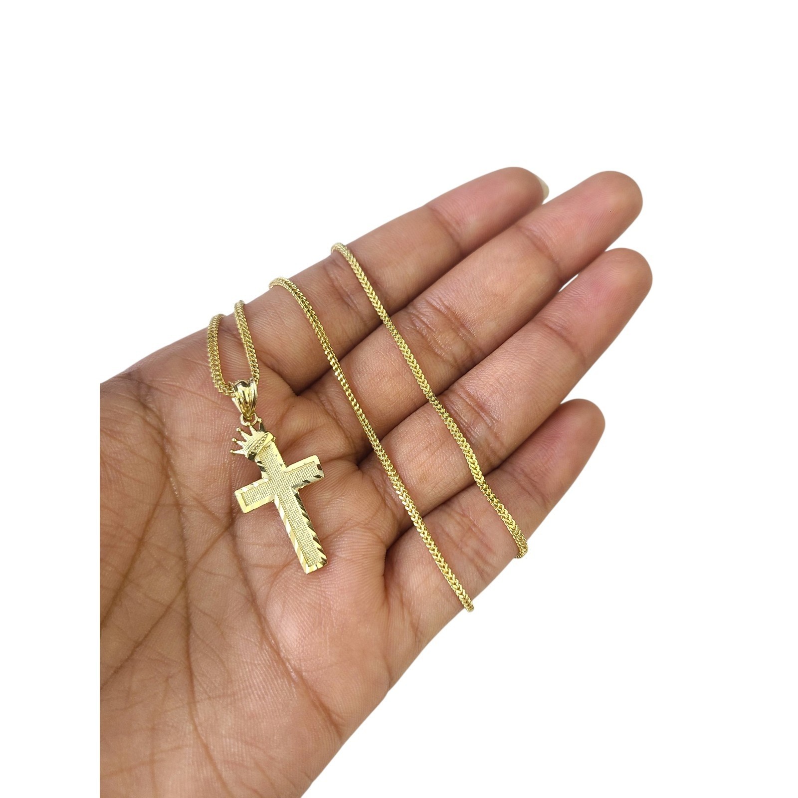 10K Gold Franco Chain 1mm Crown Cross Charm 16″-24″ Necklace Women Men