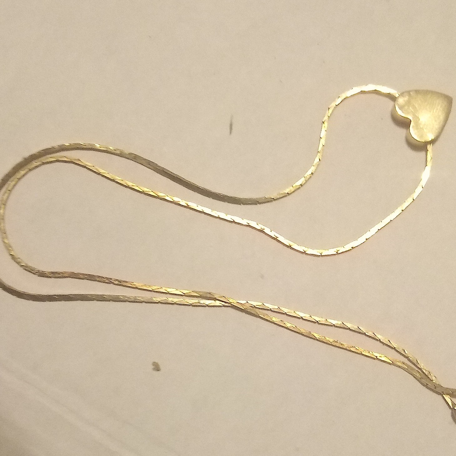 Gold Tone Herringbone Chain Necklace, Heart Charm Pendant, No Stone, Spring