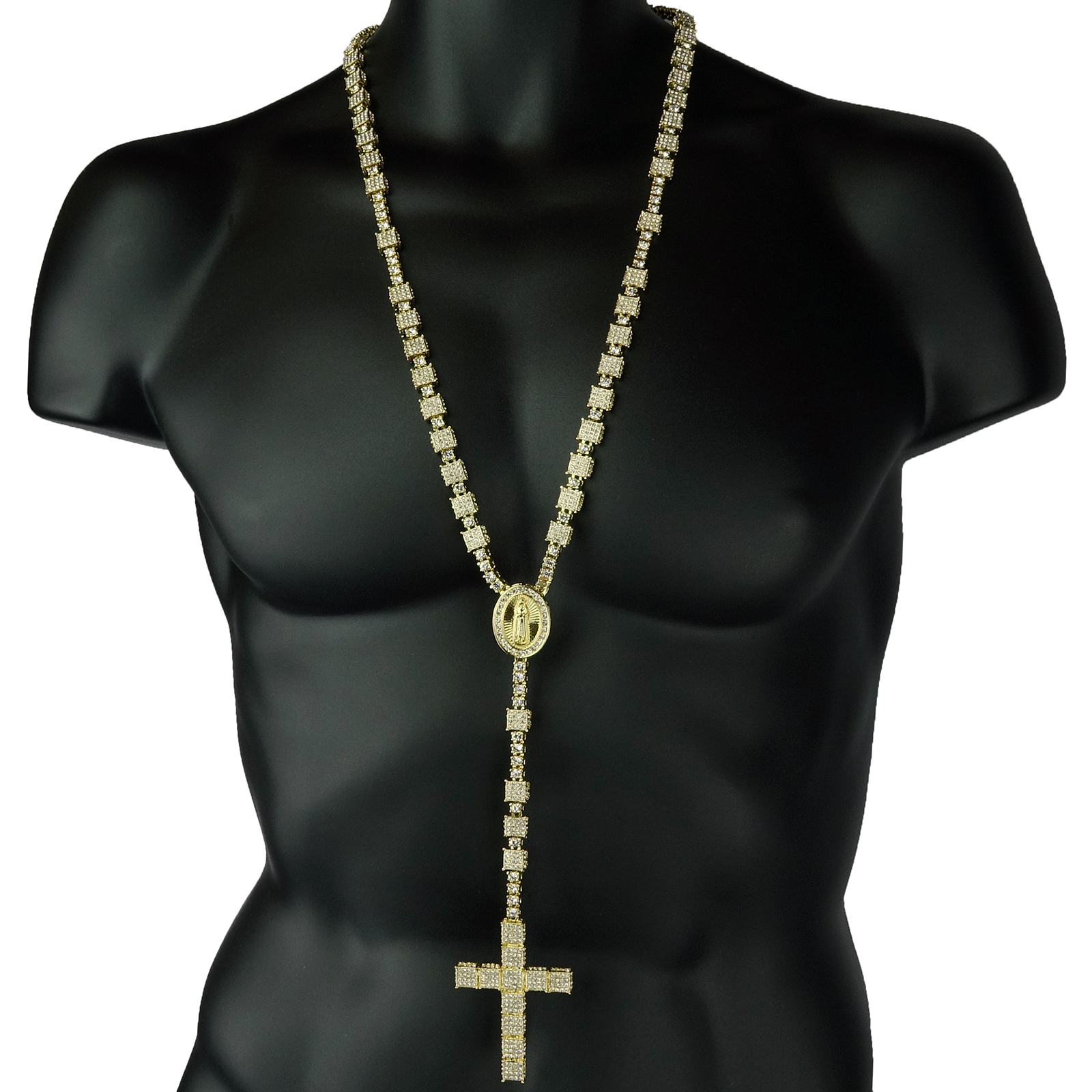 14k Gold Plated Cubic-Zirconia Rosary 3D Cube Cluster Guadalupe Necklace Cross