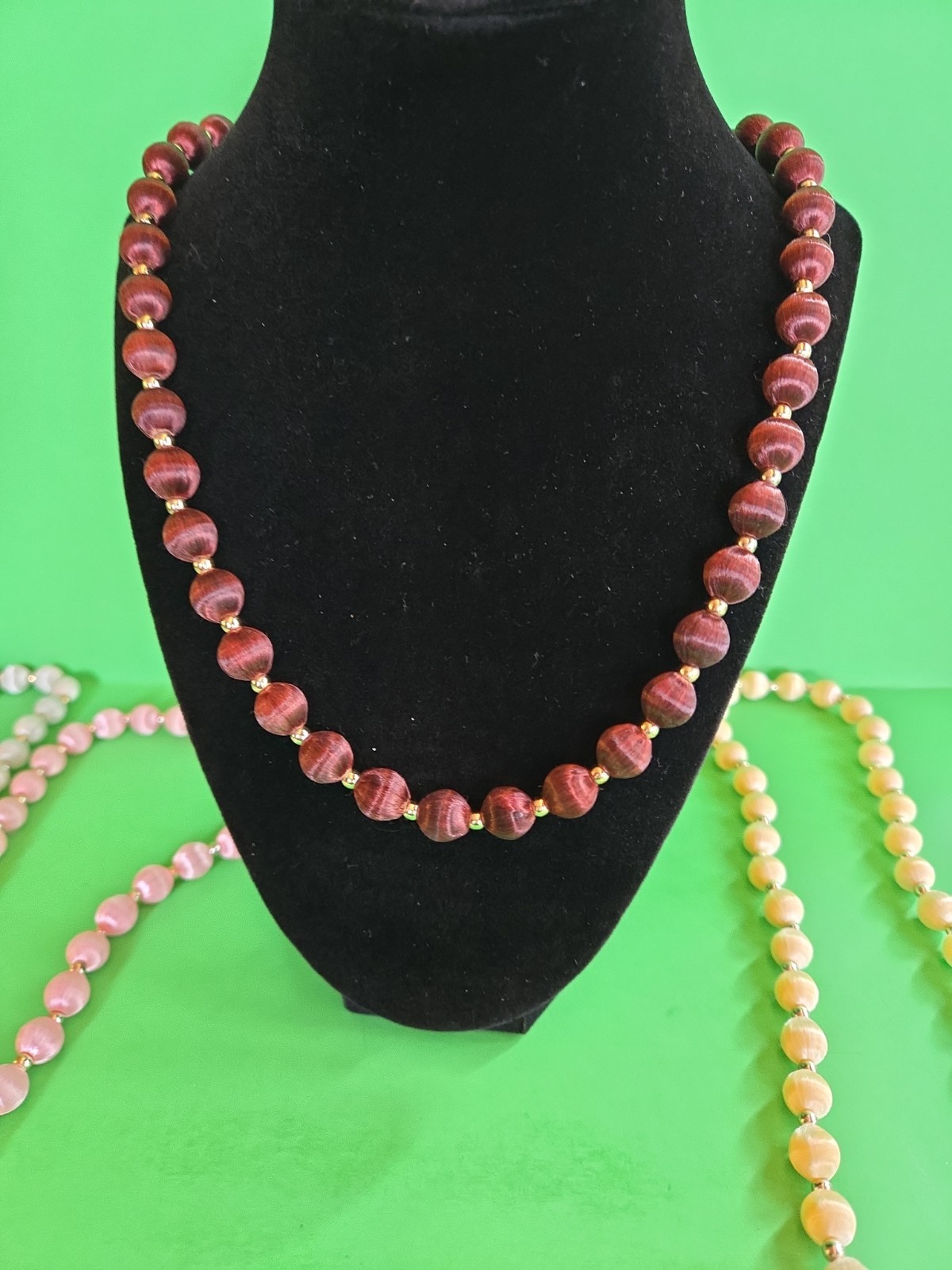 Four Vintage Gold Tone Yellow, Cocoa, White & Pink Silk Satin 14-15″ Necklaces