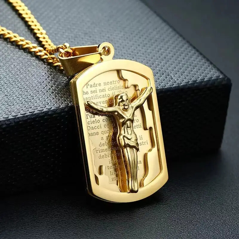 HIP HOP STAINLESS STEEL JESUS RELIGIUS DOG TAG PENDANT & CUBAN CHAIN NECKLACE