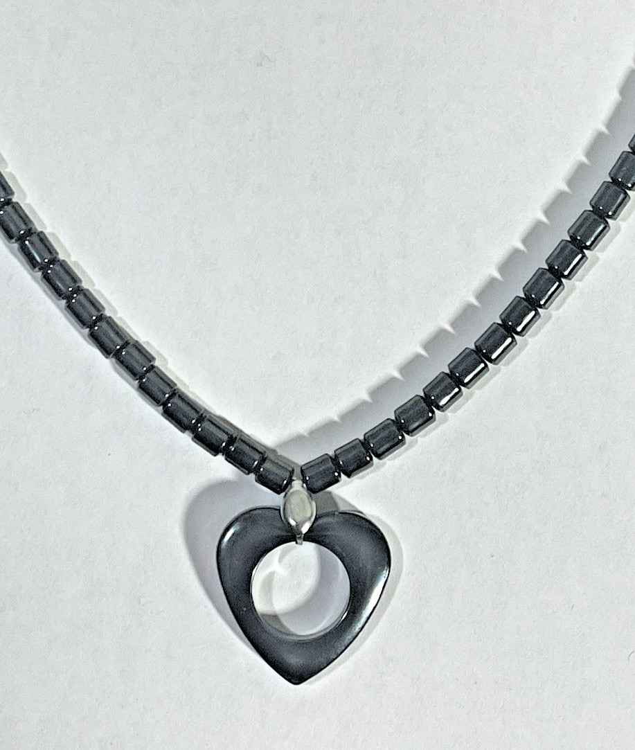 NEW! Natural Hematite HEART PENDANT 18″ Necklace OPEN HEART