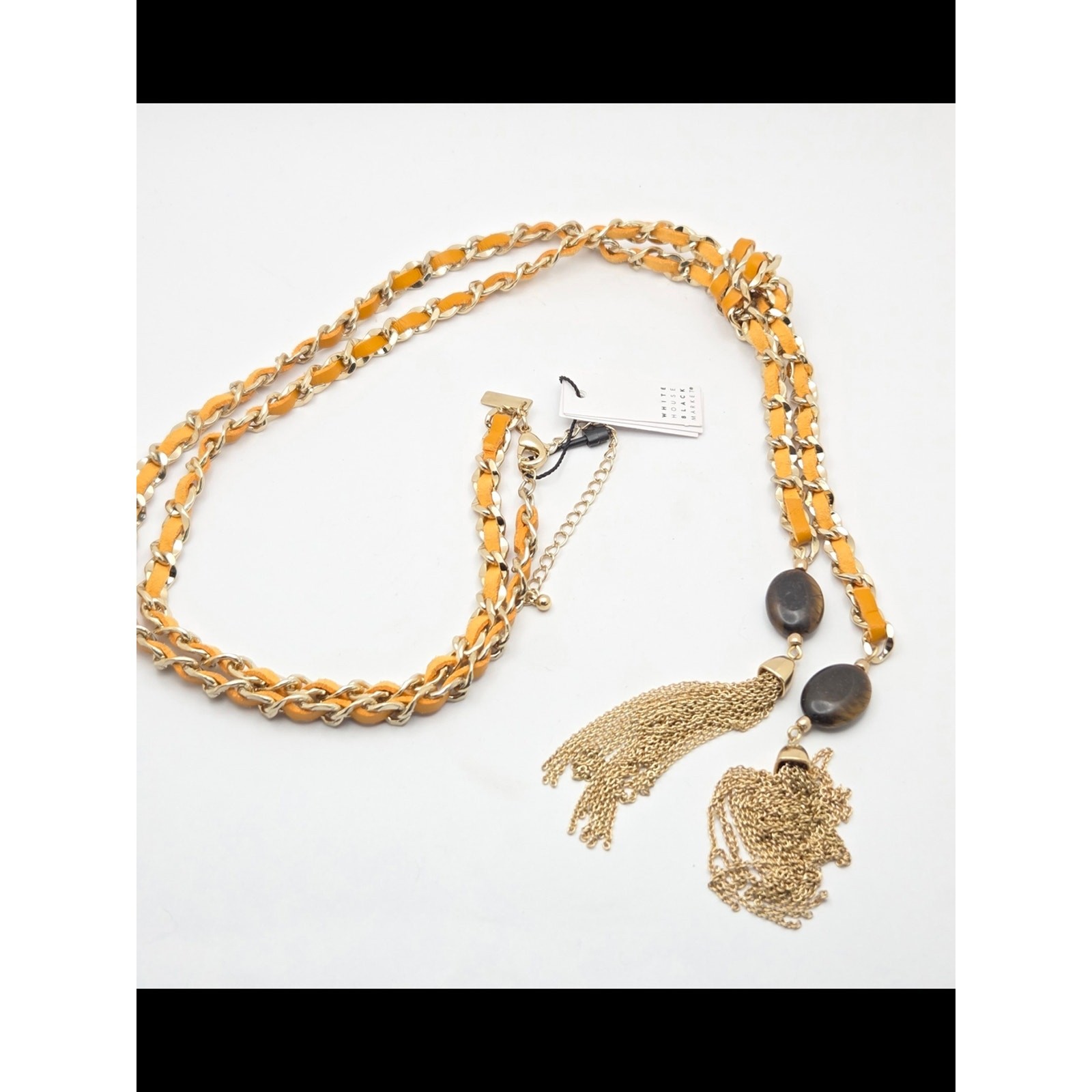NWT White House Black Market Yellow Leather Gold Chain Lariat Tassel Necklace