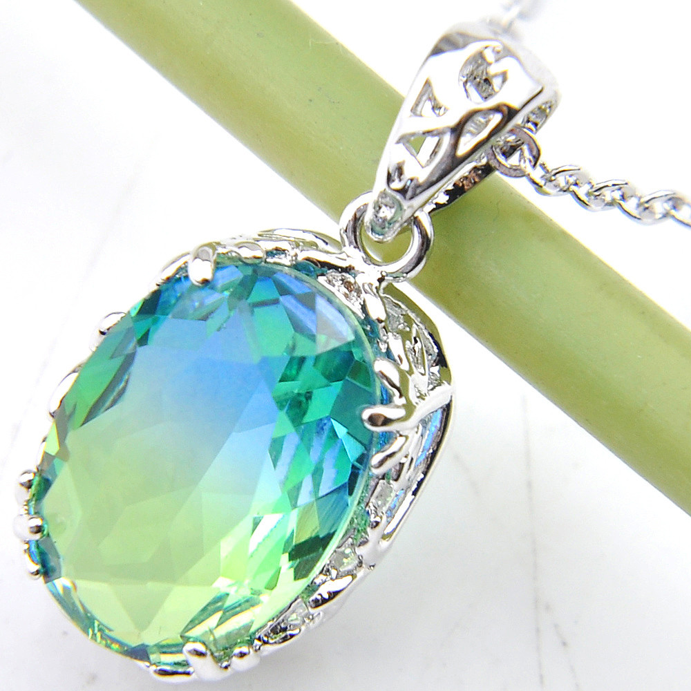 Summer Holiday Shiny Bi-Colored Tourmaline Gemstone Silver Necklace Pendants