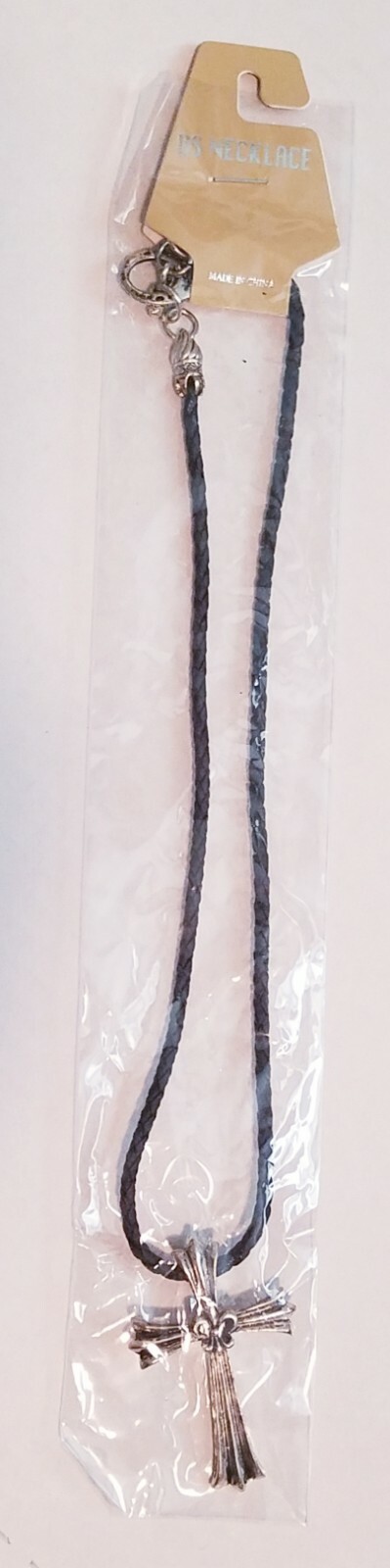 Cross Pendant & Necklace black braided-leather-rope style, metal clasp & cross