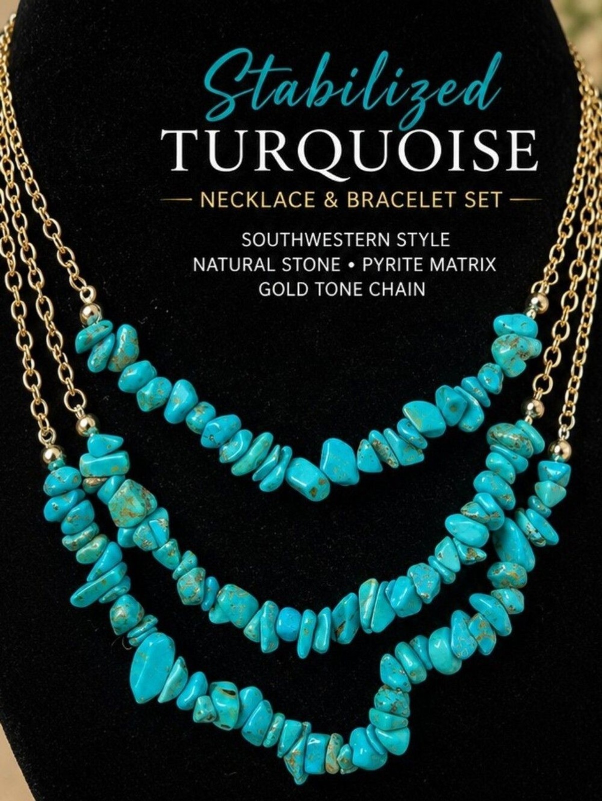 Stabilized Turquoise Chip Necklace Bracelet Set 15-18 In Southwestern Boho Style