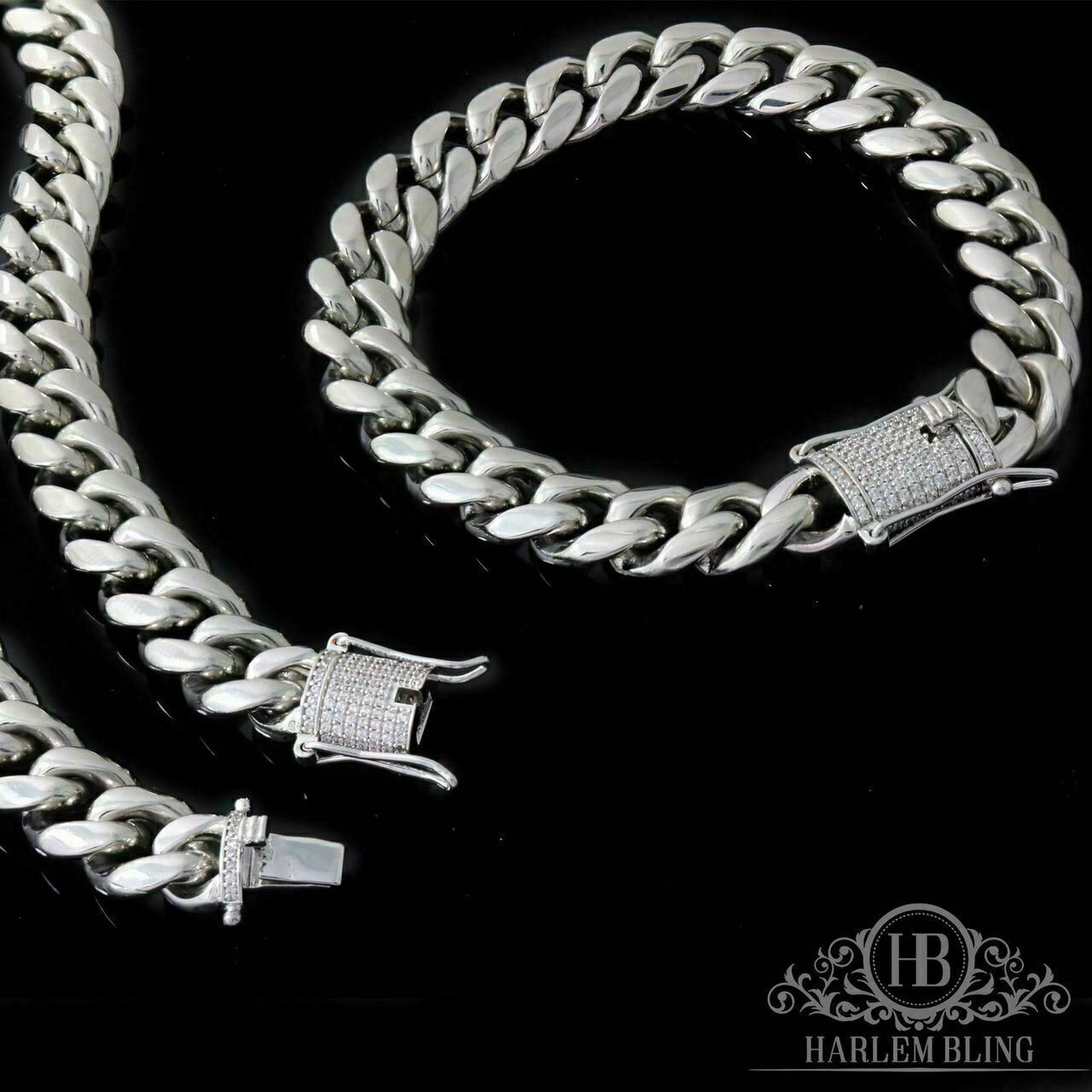 Cuban Miami Silver Bracelet & Chain Set Stainless Steel 925 Simulated Diamond