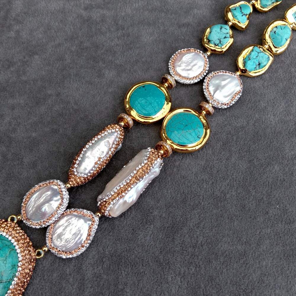 Cultured White Coin Pearl Biwa Pearl Turquoise Necklace Big Turquoise Pendant