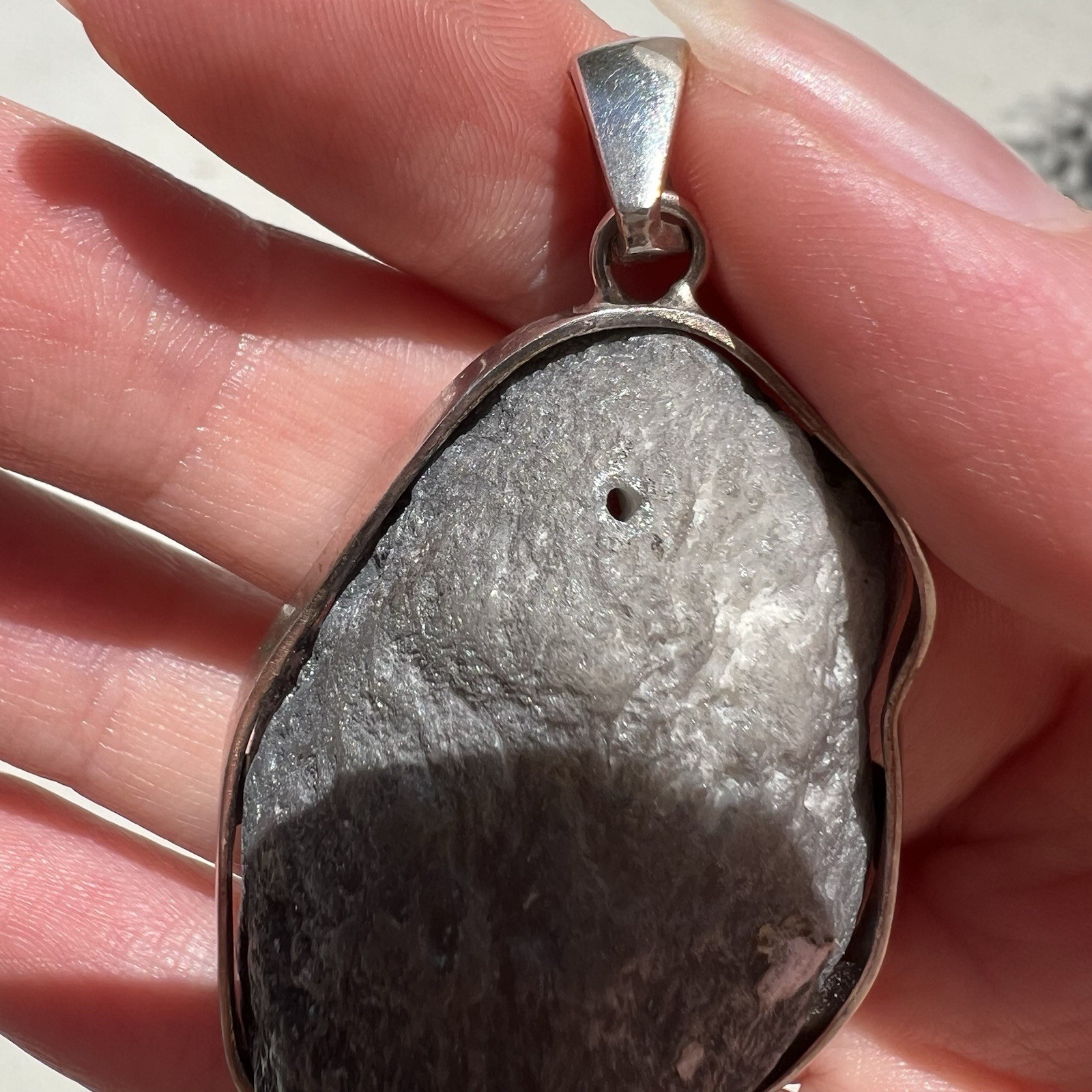 Grey/Black Druzy Geode Pendant 925 FNA VERY SPARKLY Round Back Handmade Jewelry