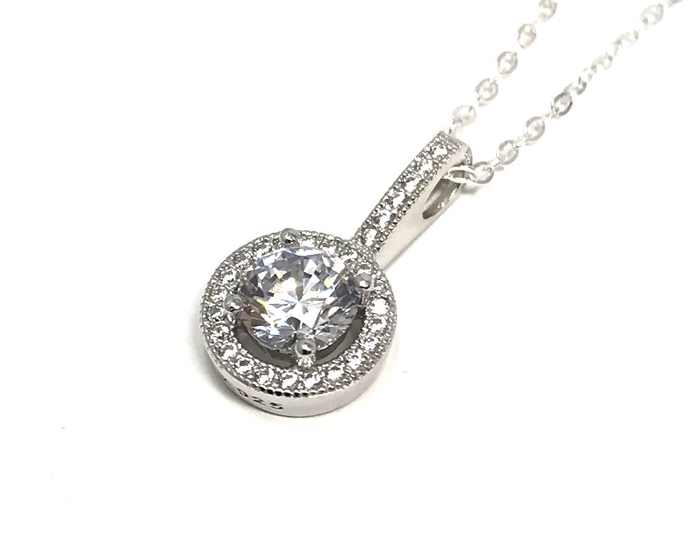 Sterling Silver Micro Set Cubic Zirconia Halo Pendant on 46cm Chain Necklace