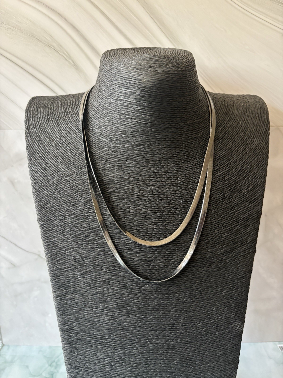 Herringbone Chain Necklace Double Layer Flat Biker Chic Black Grey Gift Trend