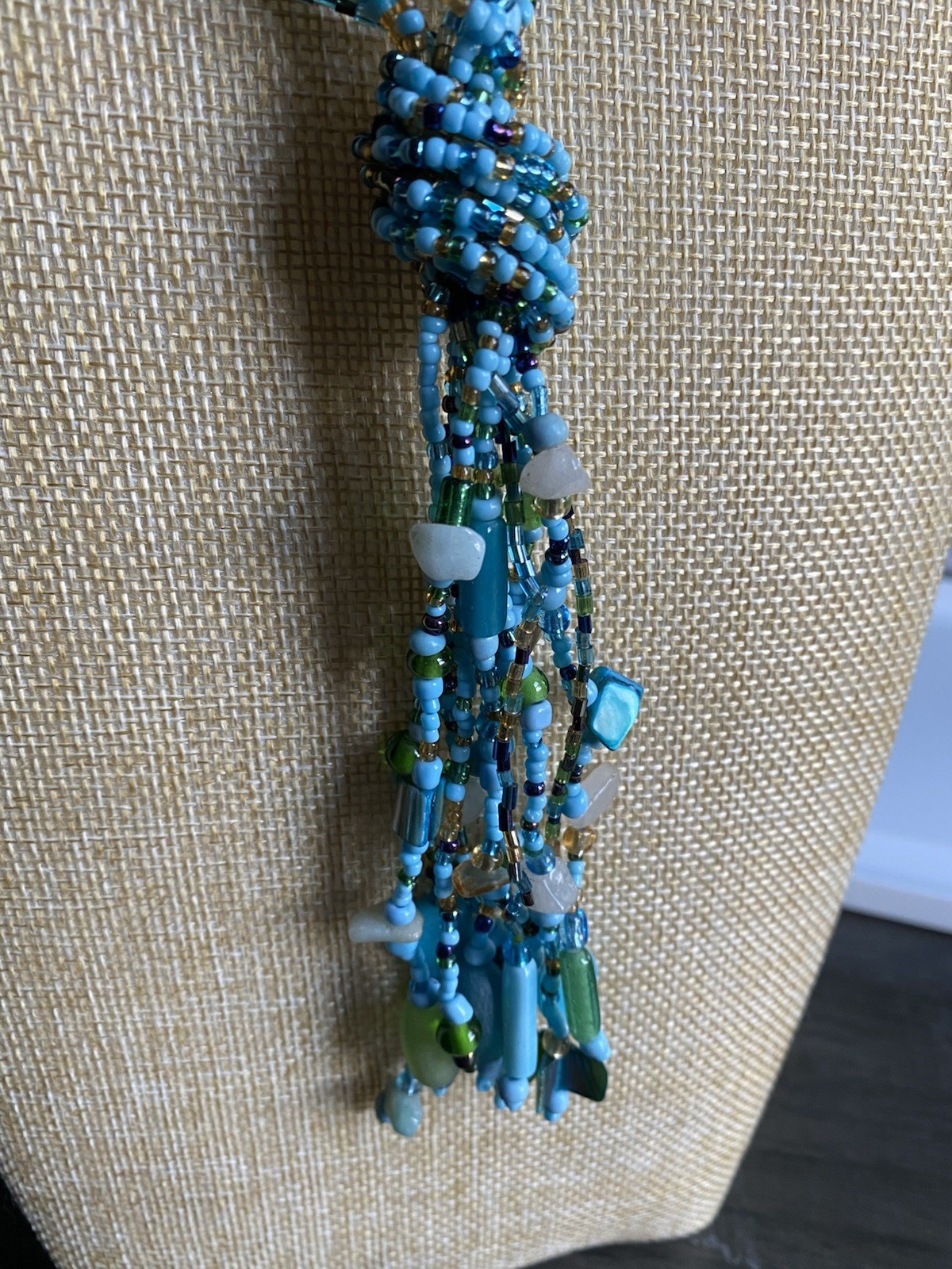 Boho Multi Strand Beaded Lariat Necklace Turquoise Blue Green Seed Bead Tassel