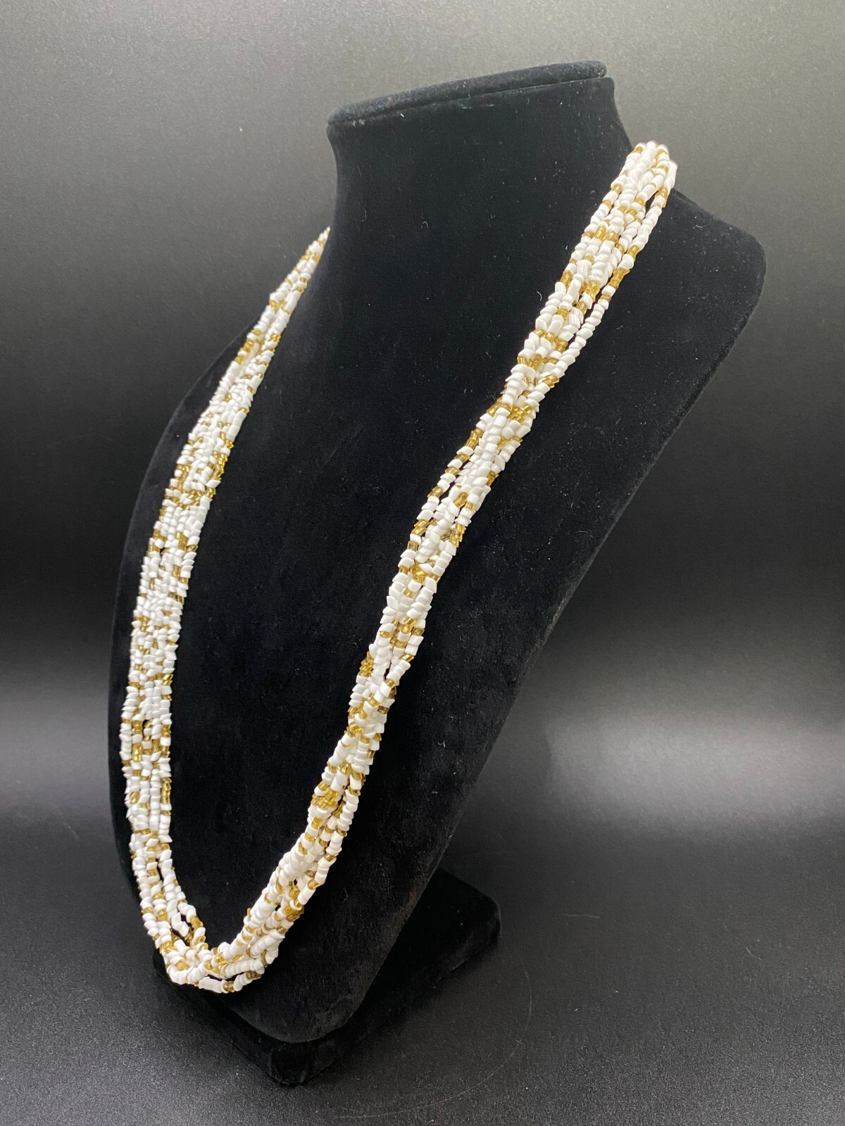 Necklace White and Gold Glass Bead Multistrand