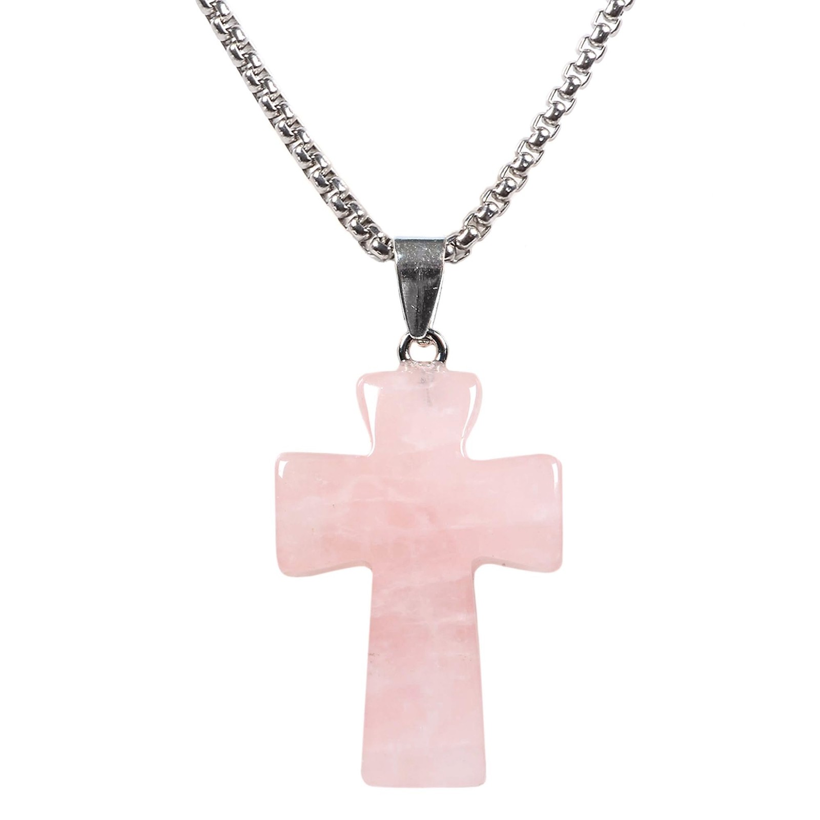 Natural Rose Quartz 32mm Gemstone Carved Cross Reiki Chakra Pendant With Stai