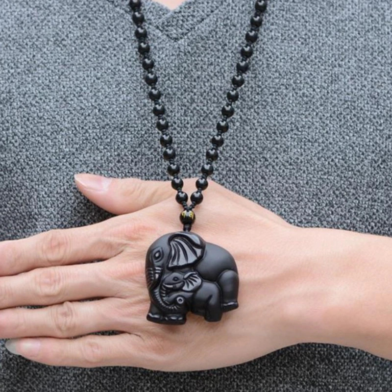 Men’s Fashion Jewelry Frosted Black Stone Beaded Elephant Pendant Necklace 491