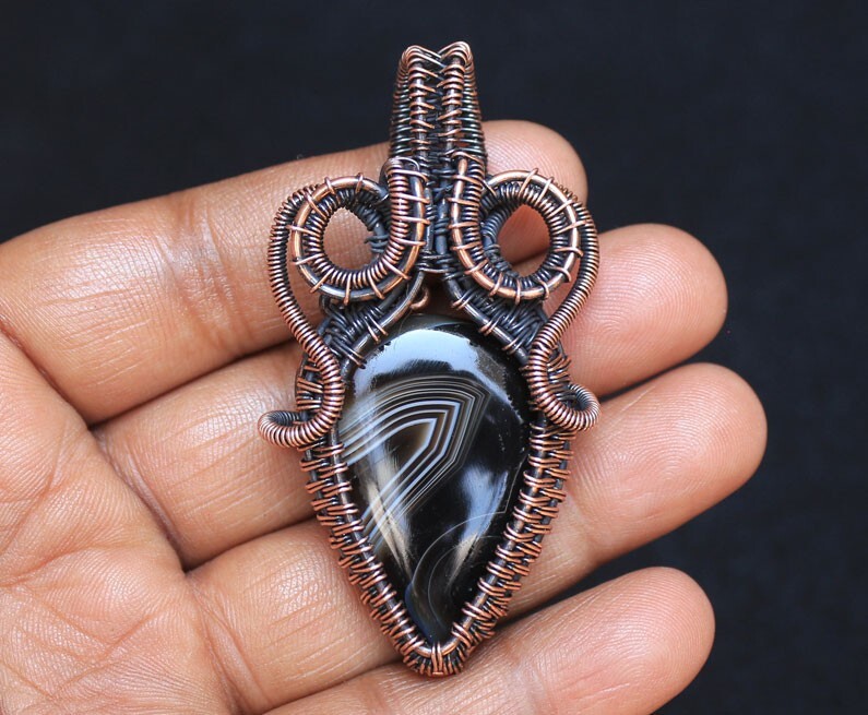 Halloween Gift Pendant Banded Agate Gemstone Jewelry Copper Wire Wrap N203