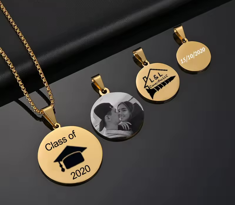 Custom Photo Logo Name Text Engraved Necklace Pendant Jewelry Chain Adjustable