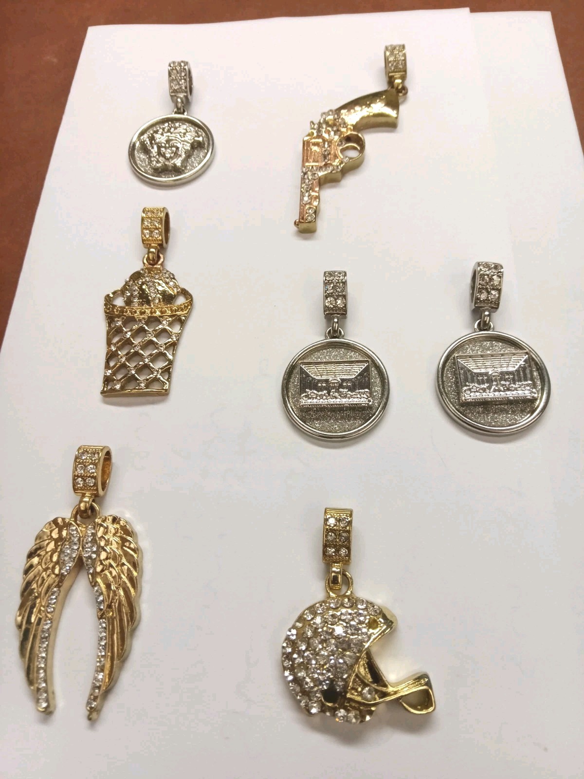 Mixed Gold & Silver Tone Pavé Clear Stone Charm Pendant Lot Of 7, Angels/Sports