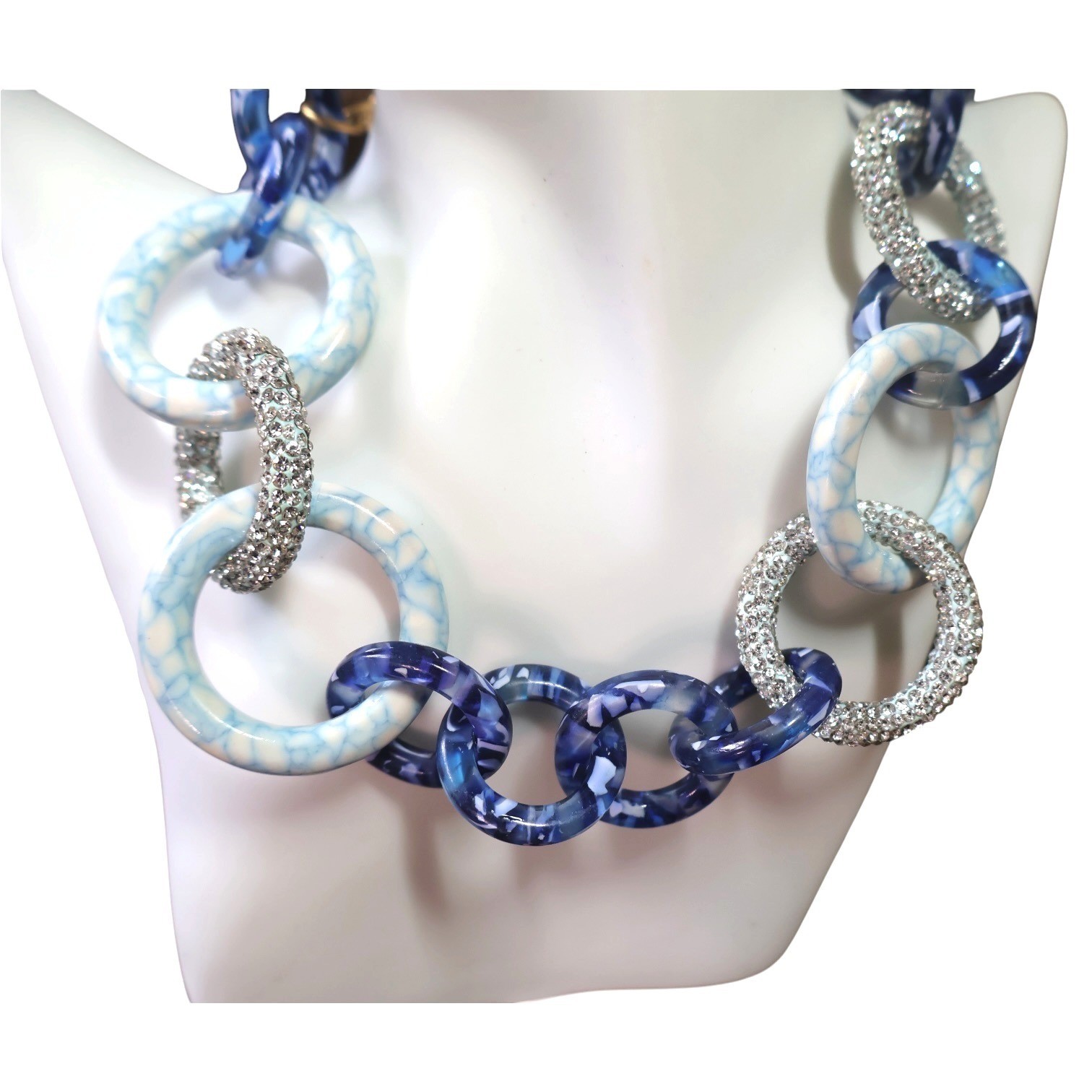 Lele Sadoughi Blue Marble Pavé Crystal Hoop Link Gold Statement Necklace EUC