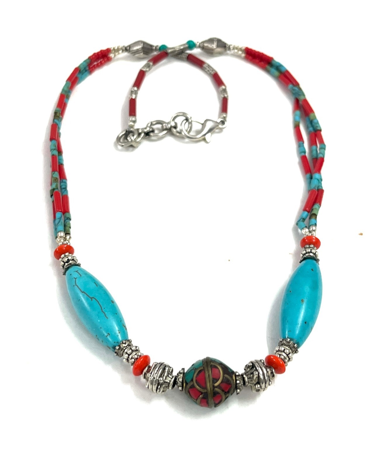 Turquoise Coral Gemstone Tibetan Statement Necklace Jewelry, 18 inch Adjus
