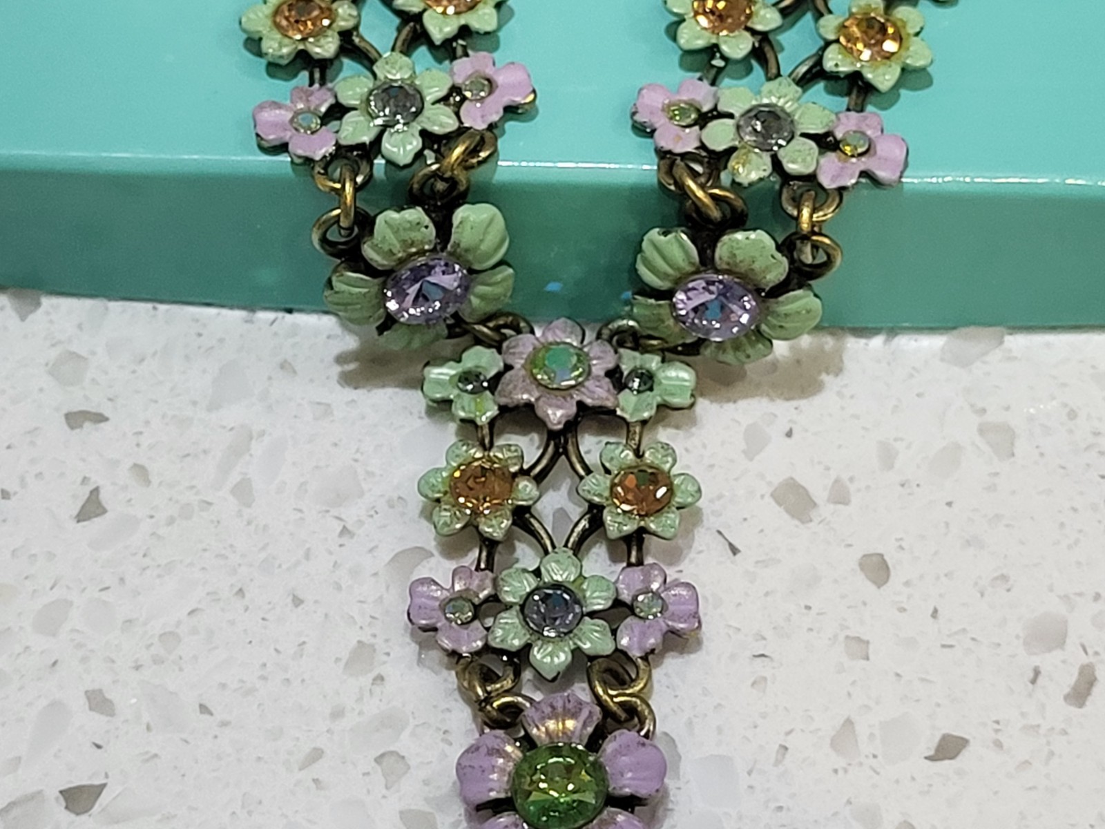 Vtg necklace, earring set Michael Morrison signed MX floral enamel with crystals
