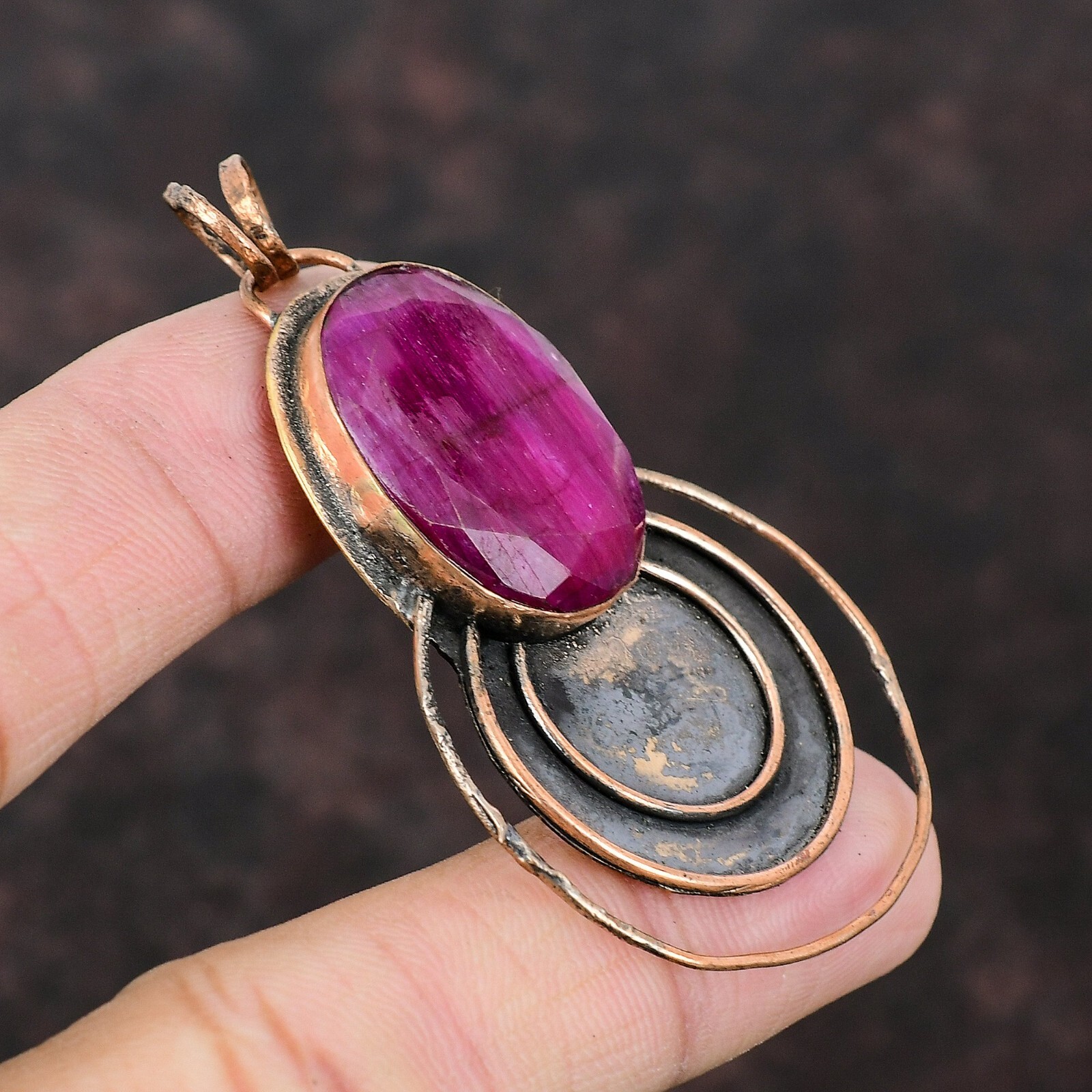 Valentines Sale Copper Oval Natural Kashmir Rubi Birthday Anniversary Pendant
