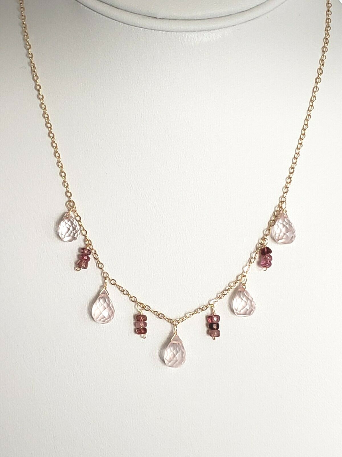14k Yellow Gold Filled Rose Quartz and Pink Tourmaline Chain Necklace 16″ – 18″