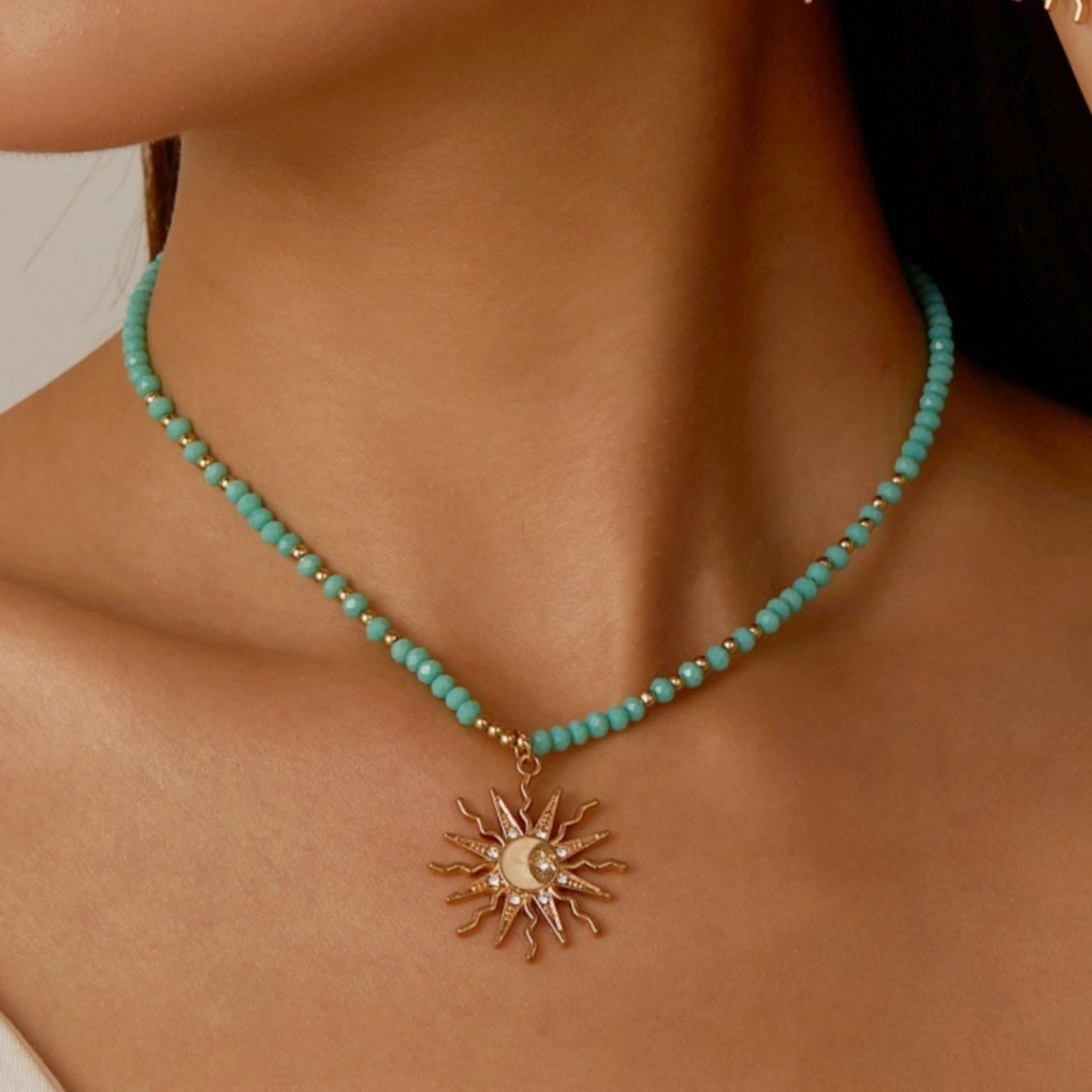 Boho Turquoise Beaded Sun & Moon CZ Gilded Charm Adjustable Necklace Choker