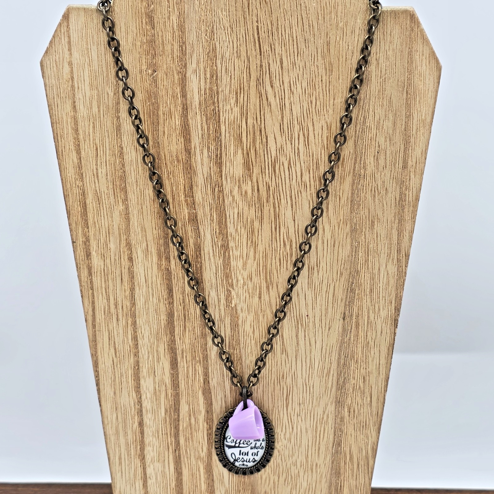 Plunder Bronze Coffee & Jesus Quote Necklace Oval Pendant Purple Mug Charm 32”