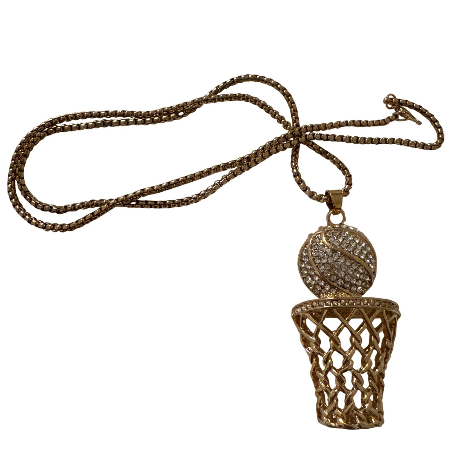 Gold Tone Basketball Hoop Rhinestone Pendant Necklace Box Chain Hip Hop Style