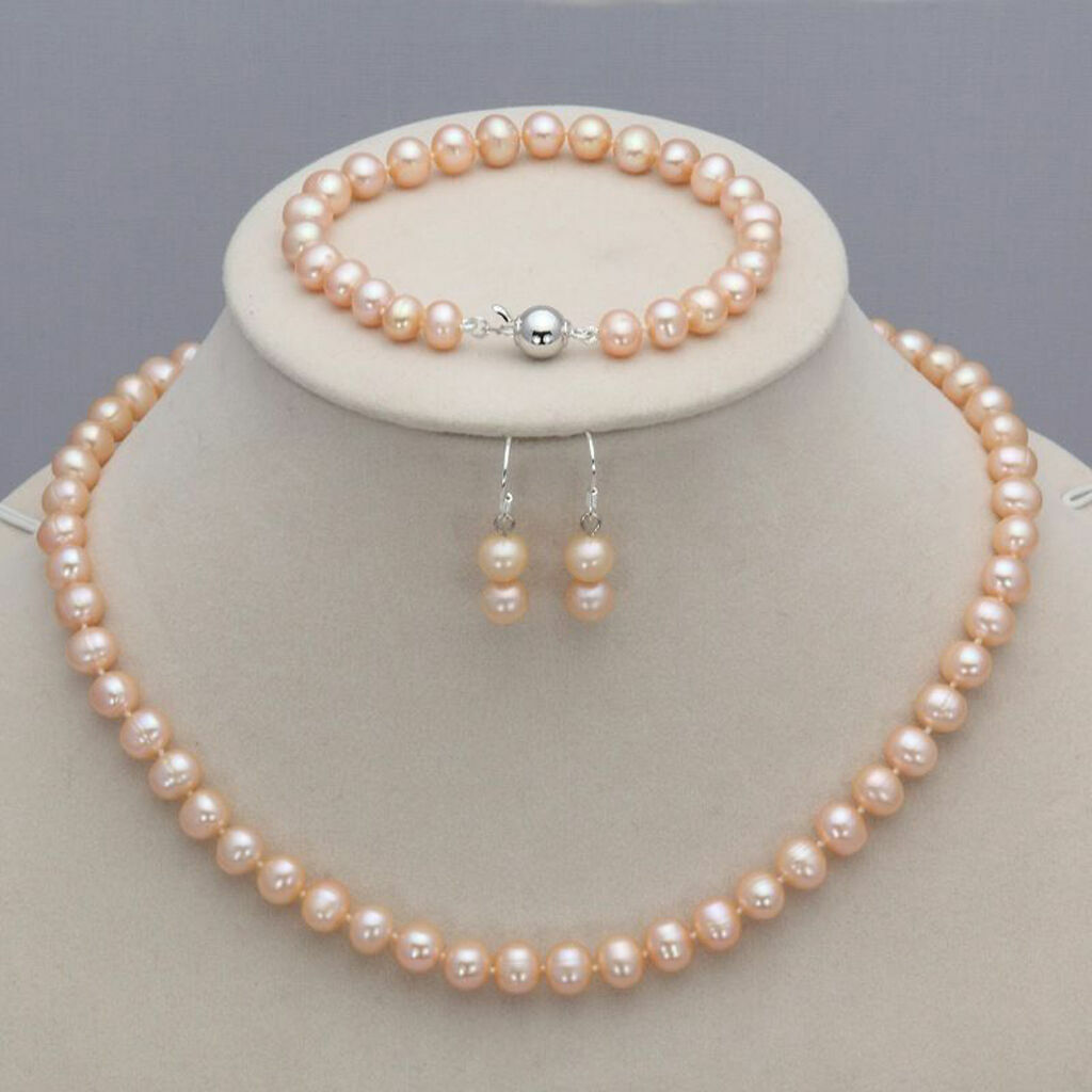 7-8mm Real Natural Freshwater Pearl Necklace Bracelet Earrings Jewelry Set