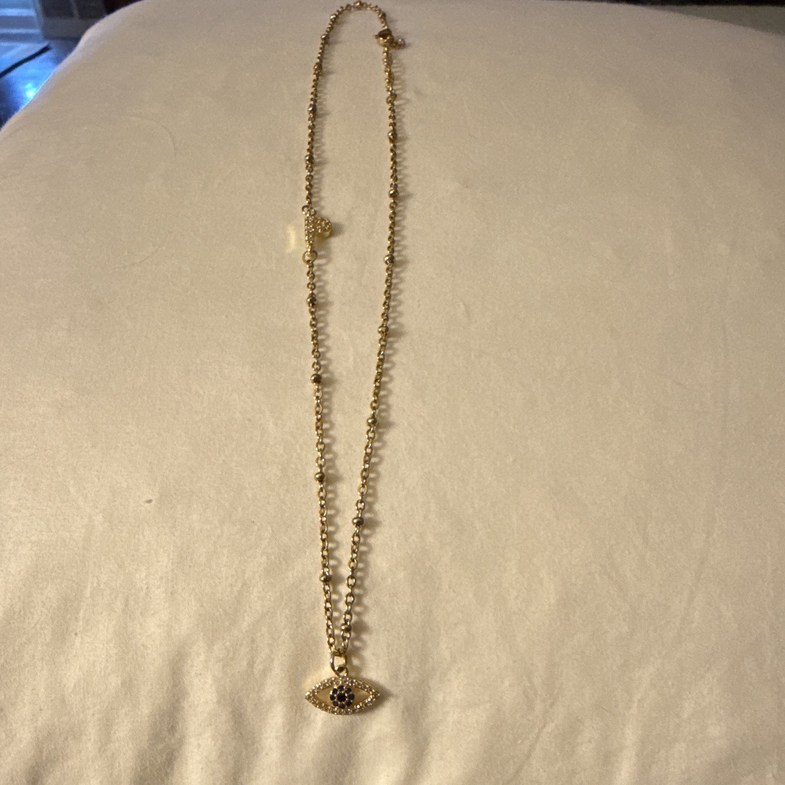 Gold Tone Evil Eye Charm Pendant Ball/Bead Chain Necklace Blue Clear Crystal
