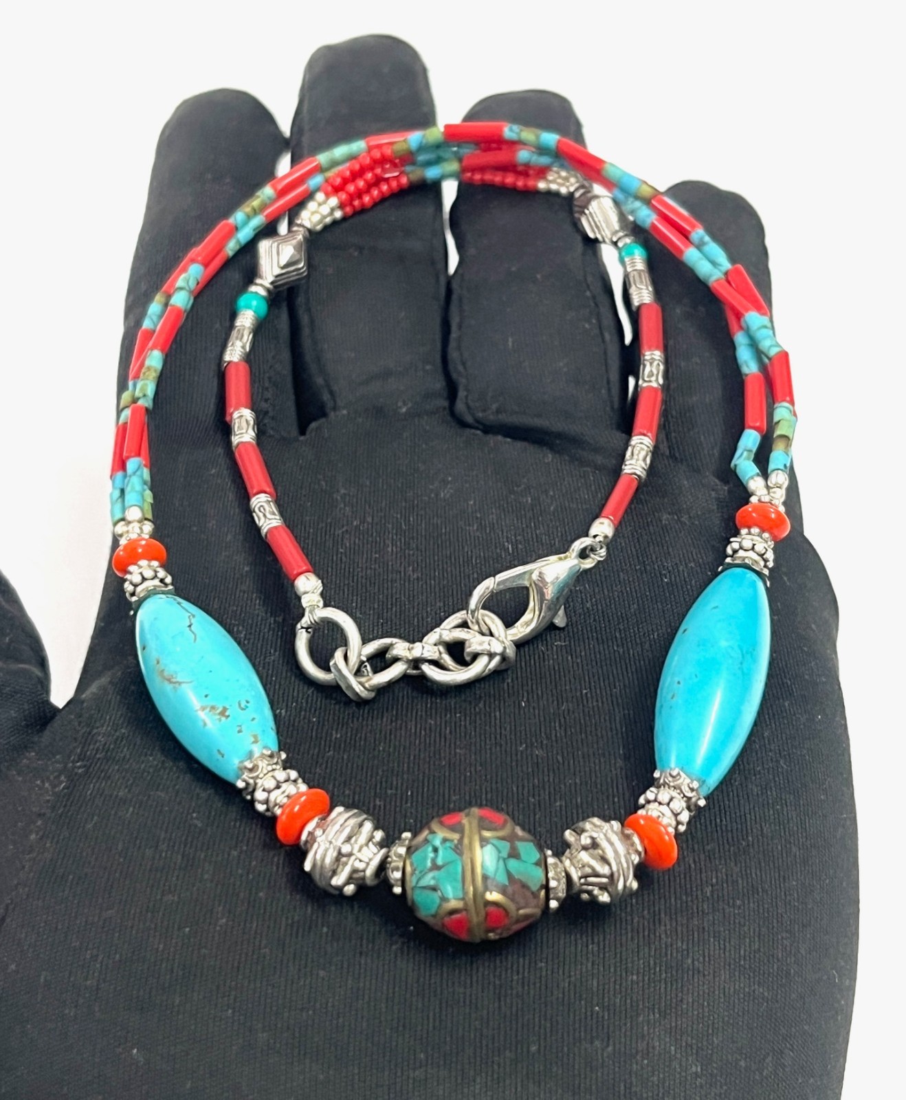 Turquoise Coral Gemstone Tibetan Statement Necklace Jewelry, 18 inch Adjus