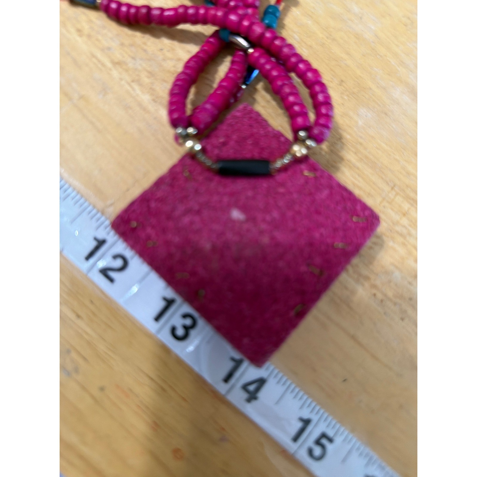 Pink Multi Strand Beaded Statement Necklace Square Leather Pendant Boho Artsy