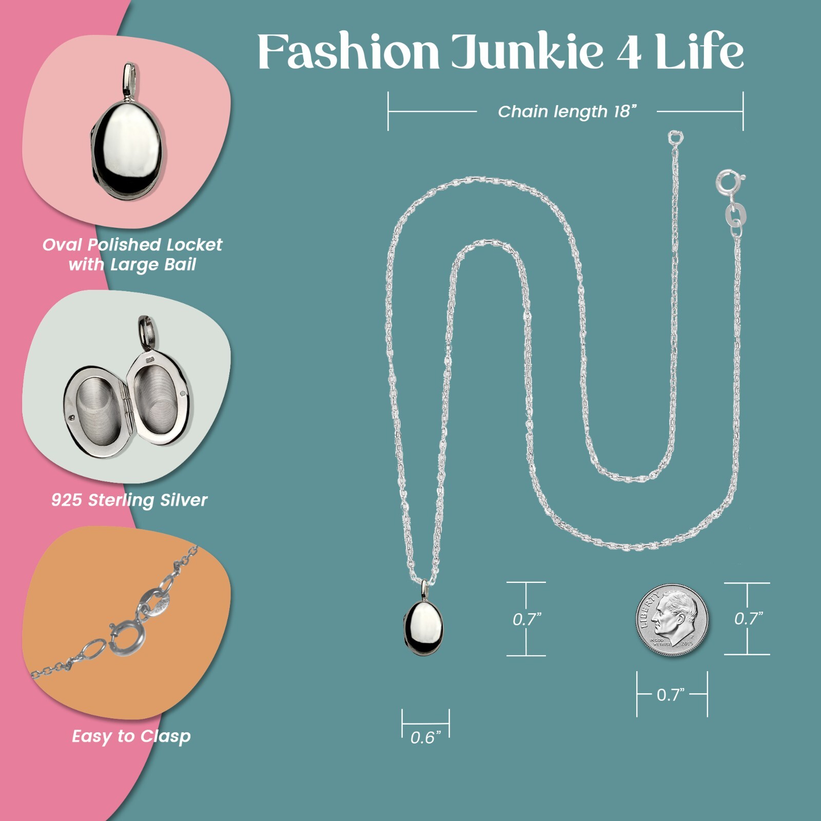 FashionJunkie4Life Sterling Silver Polished Locket with Large Bail, 18″ Chain