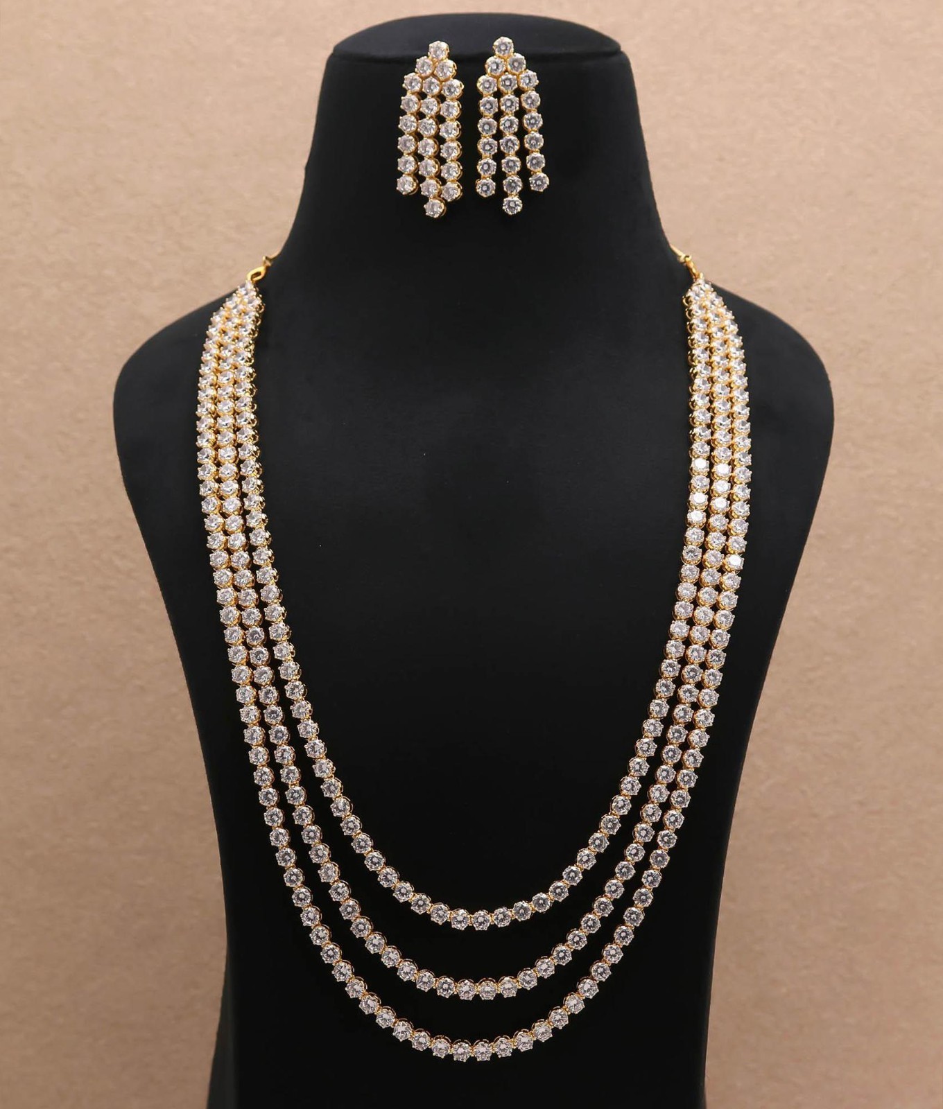Cubic Zircon Triple Strand Necklace Earrings Set, Gold Plated Bridal Wedding