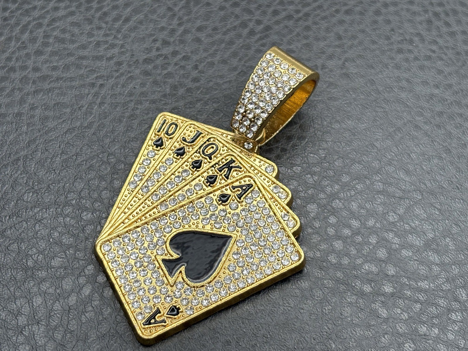 Gold Tone Iced Out Royal Flush Playing Cards Poker Pendant Hip Hop CZ Stones