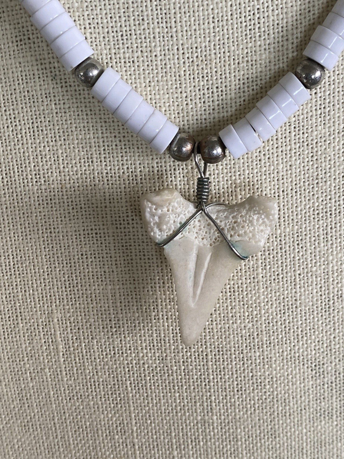 Adult Jewels Tiger Shark Tooth Necklace White Silver Beaded Chain Unisex 22”