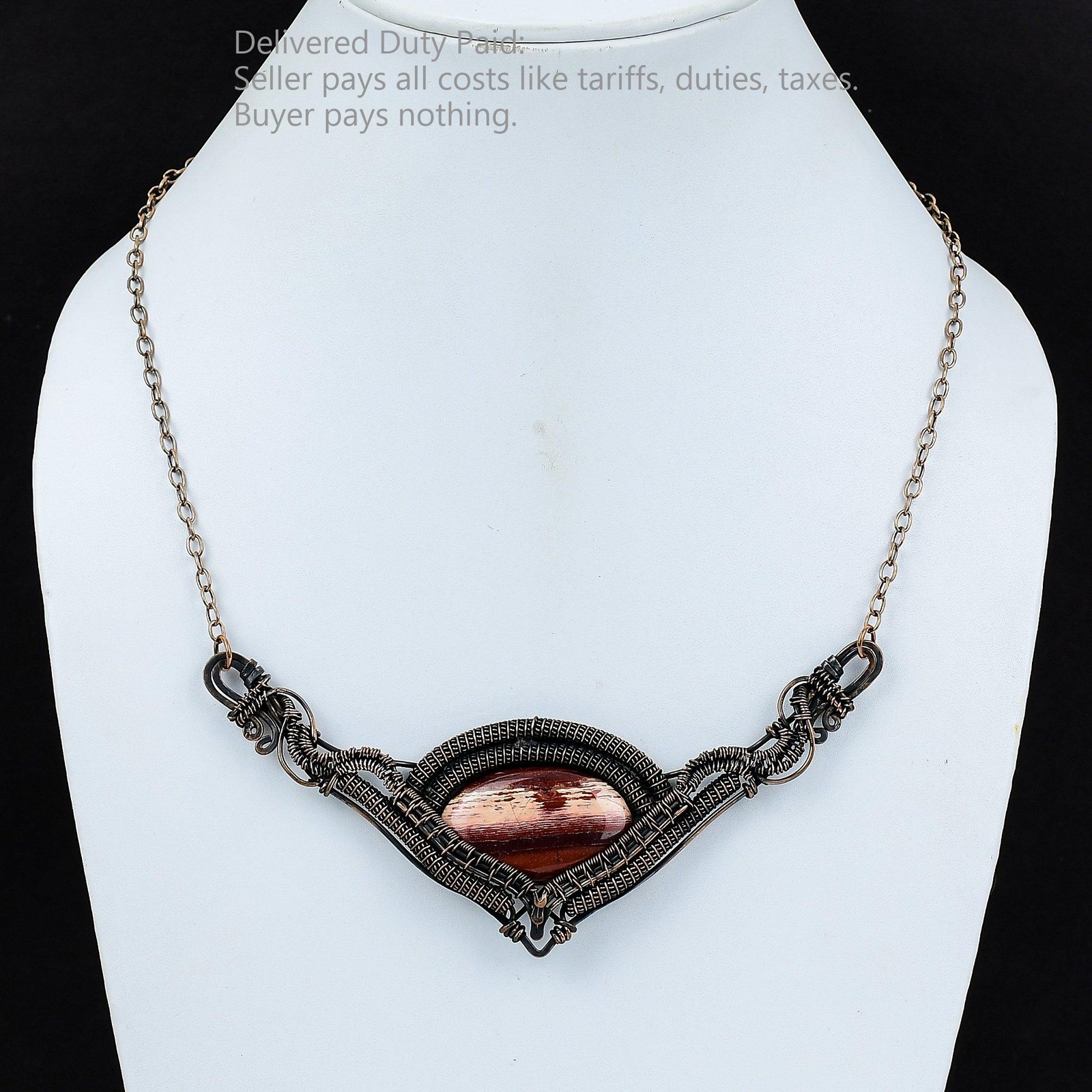 Oval Red Snakeskin Jasper Stone Engagement Wire Wrapped Necklace Jewelry Copper