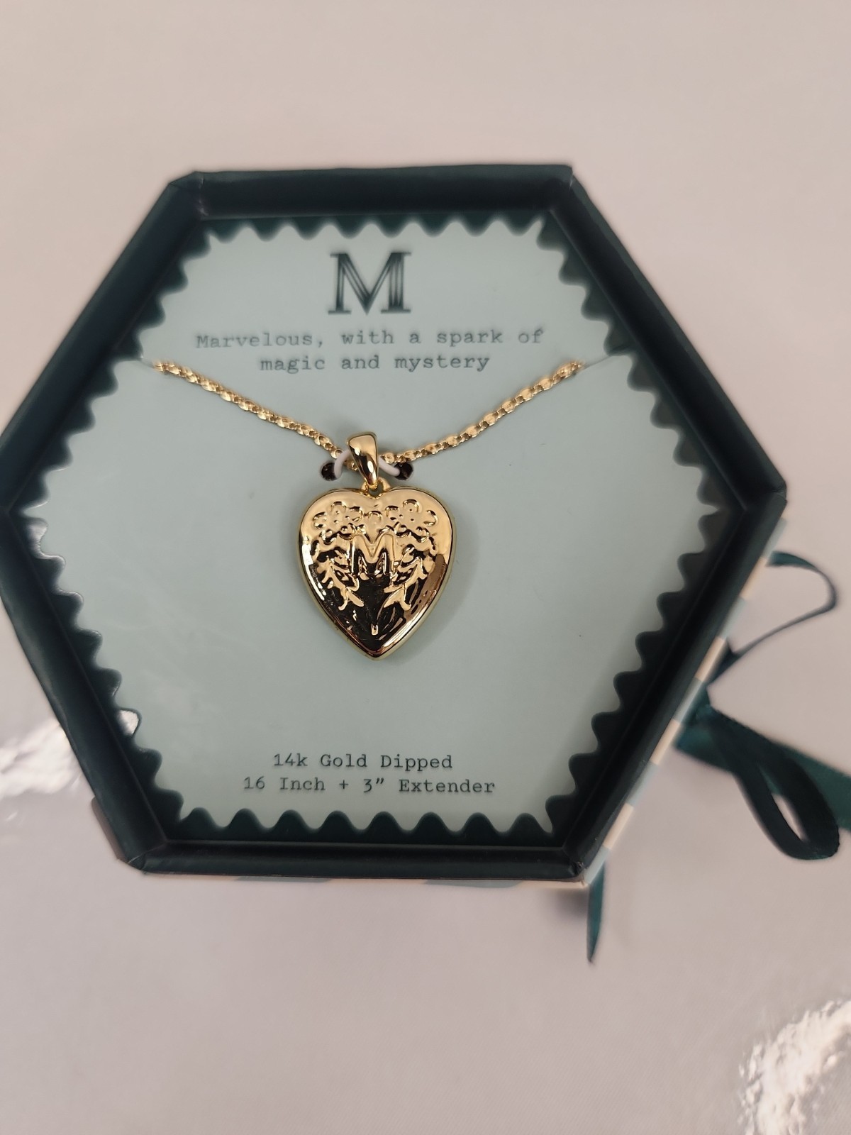 A New Day 14k Gold Dipped Initial M Heart Locket Necklace Floral Engraved Boxed
