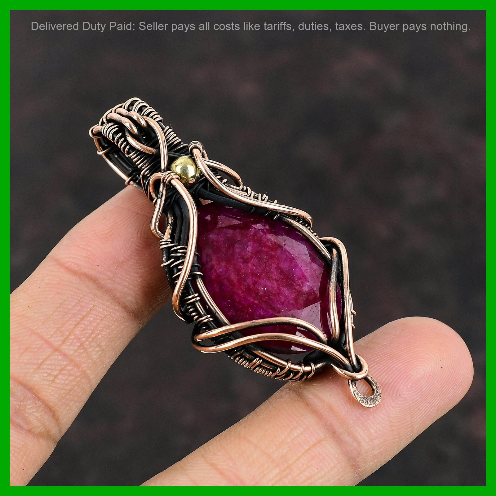 Copper Oval Kashmir Rubi Gemstone Anniversary Wire Wrapped Handcrafted Pendant