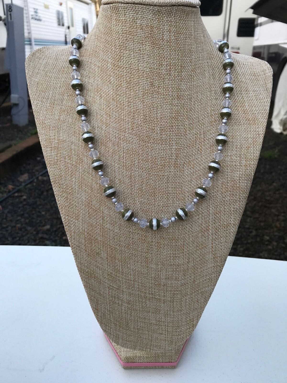 Handmade Necklace of Round Olive Green and Silver Glass Beads with Clear Glass