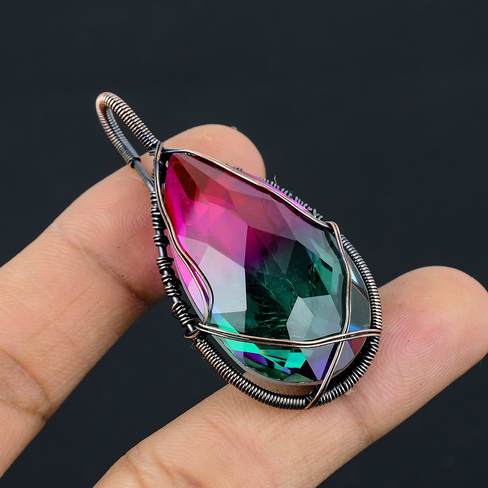 Bi Color Tourmaline Gemstone Copper Wire Wrap Jewely Pendant 2.2″ G558