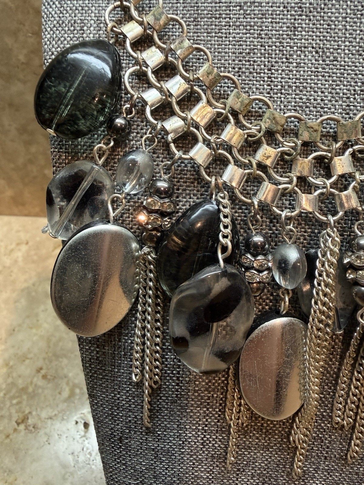 Chunky Bib Fringe Necklace Acrylic Black Grey Metal Drop Beads