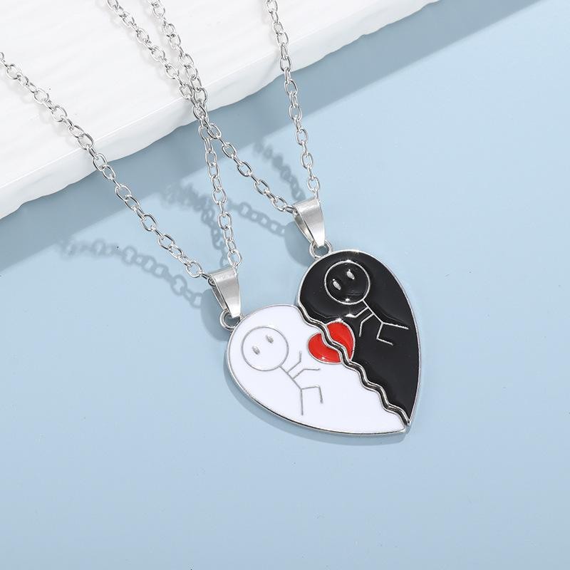 2pcs Magnet Matchstick People Lovers’ Black White Heart Pendant Chain Matching N
