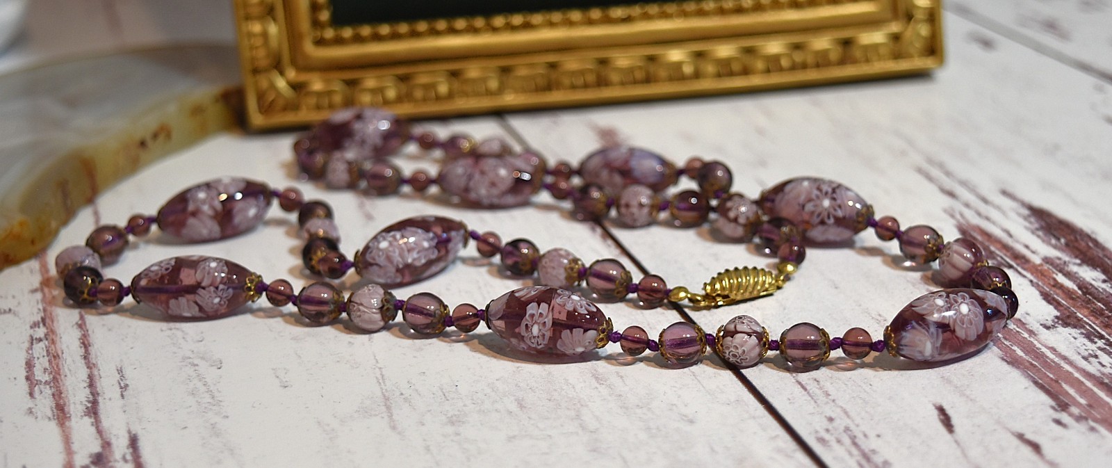Vtg Venetian Murano Lavender Millefiori Glass Beaded Hand Knotted Necklace